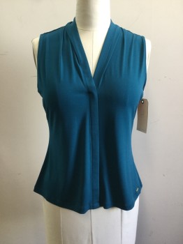 Womens, Top, CALVIN KLEIN, Teal Blue, Polyester, Spandex, Solid, L, Sleeveless, V-neck, Gathered Around Back of Neck, Single Pleat Detail, Pullover,