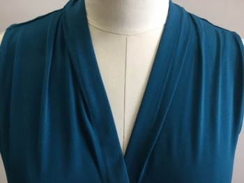 Womens, Top, CALVIN KLEIN, Teal Blue, Polyester, Spandex, Solid, L, Sleeveless, V-neck, Gathered Around Back of Neck, Single Pleat Detail, Pullover,