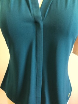 CALVIN KLEIN, Teal Blue, Polyester, Spandex, Solid, Sleeveless, V-neck, Gathered Around Back of Neck, Single Pleat Detail, Pullover,