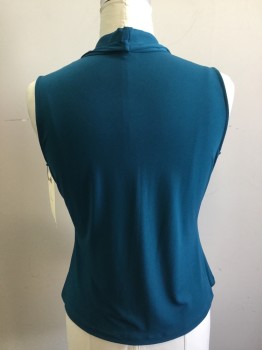 CALVIN KLEIN, Teal Blue, Polyester, Spandex, Solid, Sleeveless, V-neck, Gathered Around Back of Neck, Single Pleat Detail, Pullover,