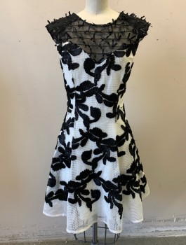 Womens, Cocktail Dress, ELLIATT, White, Black, Polyester, Swirl , XS, White Fishnet with Black Satin Passementarie Vines, Shoulders are Black Sheer Mesh with Tiny Bows, Cap Sleeves, Round Neck, Sweetheart Bust Detail, Low Back with Lace Up Detail, Princess Seams, A-Line, Hem Above Knee