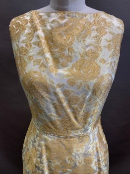 NO LABEL, Gold, Pearl White, Polyester, Floral, Sleeveless Dress, Boat Neck, Bodycon, Back Zipper,