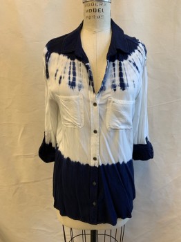 ROCK, Navy Blue, White, Rayon, Tie-dye, Button Front, 2 Patch Pockets, Collar Attached, Long Sleeves, Button Cuff, Button Tab for Sleeve Roll Up