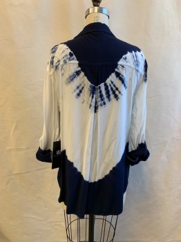 Womens, Blouse, ROCK, Navy Blue, White, Rayon, Tie-dye, M, Button Front, 2 Patch Pockets, Collar Attached, Long Sleeves, Button Cuff, Button Tab for Sleeve Roll Up