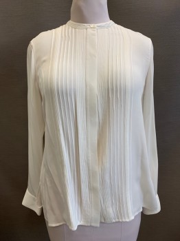 Womens, Blouse, VINCE, Cream, Silk, Solid, 8, L/S, Button Front, Crew Neck, Ribbed Detail