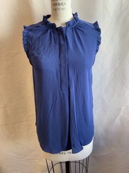 Womens, Top, ANN TAYLOR, Slate Blue, Polyester, Solid, S, 1/2 Button Front, Hidden Placket, Ruffle Neck/Sleeves, Sleeveles, Faggotting Detail