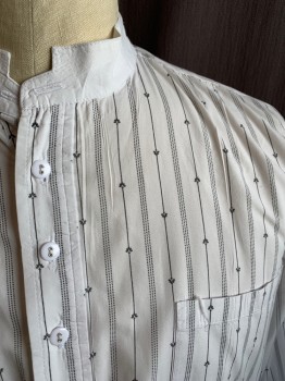 SCULLY, White, Black, Cotton, Stripes, White with Black Dotted and Floral Stripes, Pullover, 1/2 Button Placket, Band Collar, 1 Pocket, Button Cuffs, Multiple, 1800's