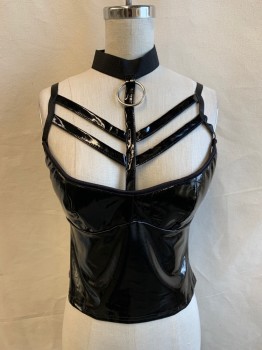 Womens, Top, COQUETTE, Black, Polyurethane, Solid, B 32, S/M, Latex Looking Fabric, Adjustable Straps, Sweetheart Neck with Chevron Straps to Elastic Neck with Velcro Back Closure, Silver Ring Detail Front Neck, Back Zip, Club, Goth, BDSM