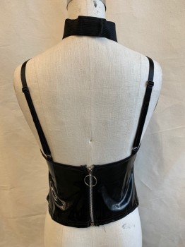 Womens, Top, COQUETTE, Black, Polyurethane, Solid, B 32, S/M, Latex Looking Fabric, Adjustable Straps, Sweetheart Neck with Chevron Straps to Elastic Neck with Velcro Back Closure, Silver Ring Detail Front Neck, Back Zip, Club, Goth, BDSM