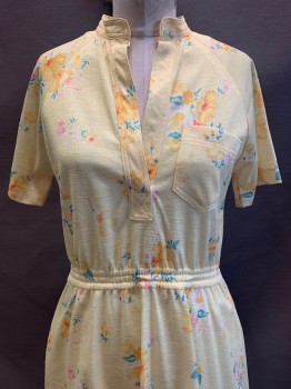 N/L, Yellow, Pink, Blue, Polyester, Floral, S/S, V Neck, Stand Collar, Elastic Waist Band, Chest Pocket, Side Pockets