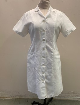 RED KAP, White, Poly/Cotton, Solid, Short Sleeves, Button Front, Notched Collar Attached, 2 Patch Pockets at Hips, Knee Length