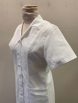 RED KAP, White, Poly/Cotton, Solid, Short Sleeves, Button Front, Notched Collar Attached, 2 Patch Pockets at Hips, Knee Length