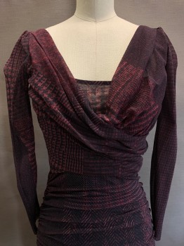 Womens, Cocktail Dress, FUZZI, Red Burgundy, Black, Polyester, Plaid, XS, Sheer Long Sleeves, Scoop Neck, Cross Drapes, Scrunched Sides,
