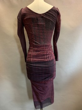 Womens, Cocktail Dress, FUZZI, Red Burgundy, Black, Polyester, Plaid, XS, Sheer Long Sleeves, Scoop Neck, Cross Drapes, Scrunched Sides,