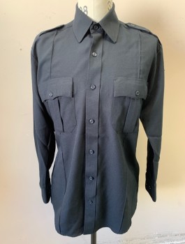 Mens, Fire/Police Shirt, LAW PRO, Navy Blue, Polyester, Solid, N:15.5, M Long, S:34-5, Long Sleeves, Button Front, Collar Attached, 2 Patch Pockets with Button and Flap Closure, Epaulets at Shoulders, Multiples