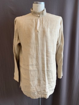 Mens, Historical Fiction Shirt, MTO, Beige, Cotton, Solid, 46, 1800s, Band Collar, V-N, 1 Button at Neck, L/S, Button Cuffs, *Red Stains at Back*
