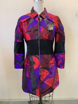 RISTO, Red, Purple, Aubergine Purple, Polyester, Polyamide, Color Blocking, Metallic Black Crackle Pattern, C.A., Zip Front, L/S, 2 Pockets
