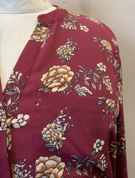 SIMPLY EMMA, Maroon Red, Multi-color, Polyester, Floral, Band Collar, V-N, Button Front, L/S, 1 Pocket, Beige, Orange, and Black Floral Print