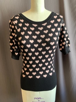 Womens, Pullover Sweater, FRENCH CONNECTION, Black, Lt Pink, Viscose, Polyamide, S, Heart Pattern, CN, S/S, Ribbed Neck, Cuffs, & Waist