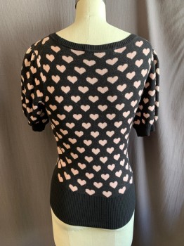 Womens, Pullover, FRENCH CONNECTION, Black, Lt Pink, Viscose, Polyamide, S, Heart Pattern, CN, S/S, Ribbed Neck, Cuffs, & Waist
