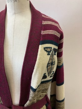 Womens, Sweater, N/L, Wine Red, Cream, Dk Green, Stripes - Horizontal , B: 36, Open Front, L/S, 2 Pockets, With Matching Belt