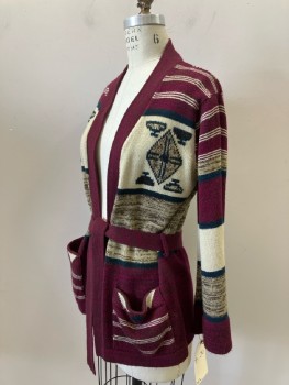 Womens, Sweater, N/L, Wine Red, Cream, Dk Green, Stripes - Horizontal , B: 36, Open Front, L/S, 2 Pockets, With Matching Belt