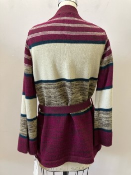 N/L, Wine Red, Cream, Dk Green, Stripes - Horizontal , Open Front, L/S, 2 Pockets, With Matching Belt