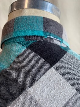 RUDE, Turquoise Blue, Gray, Lt Gray, Black, Cotton, Polyester, Plaid, Button Front, Long Sleeves, Collar Attached, 2 Pockets, Pilling and Aging on Back Collar and Cuffs