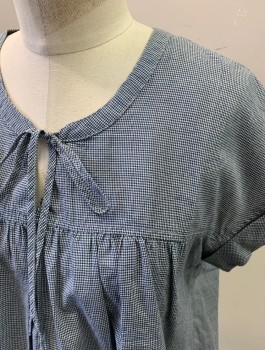 Womens, Top, MADEWELL, White, Navy Blue, Cotton, Check - Micro , S, S/S, Yoke Waist, Tie Neck with Keyhole, Cuffed Sleeves