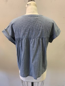 Womens, Top, MADEWELL, White, Navy Blue, Cotton, Check - Micro , S, S/S, Yoke Waist, Tie Neck with Keyhole, Cuffed Sleeves
