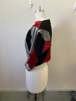 Womens, Top, DEERSKIN, Wine Red, Black, Gray, Leather, Color Blocking, W:30, B:40, Pull On, Soft Suede Patchwork, Boat Neck with Snap Openings At Both Shoulders, Rib Knit Cuffs And Waistband, Small Signs Of Wear