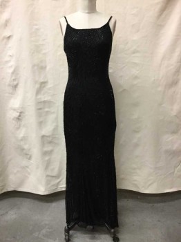 Womens, Evening Gown, Stenay, Black, Silk, Beaded, Solid, 6, Spaghetti Straps, Rounded Square Neckline, Beaded All Over