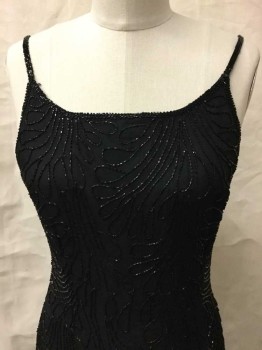 Womens, Evening Gown, Stenay, Black, Silk, Beaded, Solid, 6, Spaghetti Straps, Rounded Square Neckline, Beaded All Over