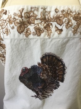 N/L, White, Brown, Cotton, Novelty Pattern, Holiday, Turkey Graphic Front, Brown Leaf Trim, 2 Pckts, Neck Strap with D-rings, Self Tie Back, Thanksgiving