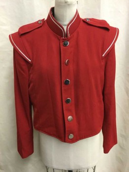 Unisex, Marching Band, Jacket/Coat, FRUHAUF UNIFORMS, Red, Silver, Polyester, Solid, 52R, Red Gabardine, Zip and Snap Front, Faux Buttons, Epaulets, Shoulders Edged with Silver, Can Also Rent with It Separately Silver and Blue Star Sash See Photo Attached,  Or Red White and Blue Star Front Rented Separately See Photo Attached, Multiples