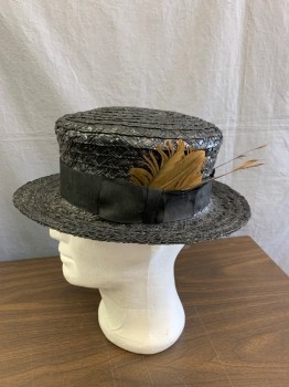 Brown, Straw, Feathers, Solid, Black Dyed Straw, Very Sturdy, High Crown, 2" Grosgrain Band and Bow. Brown Feather Flourish,
