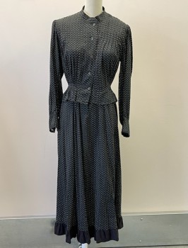 MTO, Black, Off White, Cotton, Silk, Polka Dots, Made To Order, White Small Polka Dots On Black, Printed On Cotton, Long Sleeves, Pin Tucks On Front Of Bodice, Band Collar, Button Front, Hem Ruffle On Skirt,