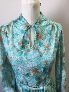 N/L, Mint Green, Brown, White, Polyester, Floral, Polyester Knitted Floral Print Dress. Long Sleeves, Slit Neck with Self Tie and Collar Band, Matching Self Belt, Skirt Length to Knee or Just Below, Zip Center Back, , Elasticated Cuffs, Late 70's
