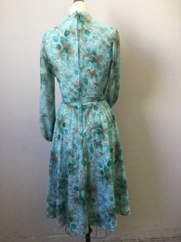 N/L, Mint Green, Brown, White, Polyester, Floral, Polyester Knitted Floral Print Dress. Long Sleeves, Slit Neck with Self Tie and Collar Band, Matching Self Belt, Skirt Length to Knee or Just Below, Zip Center Back, , Elasticated Cuffs, Late 70's