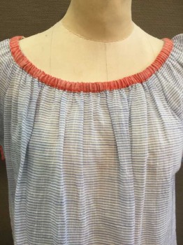 SOFT, White, Blue, Pink, Orange, Cotton, Stripes - Horizontal , Heathered, White with Multi Blue Horizontal Stripes, Heather Pink/orange  Scoop Neck, Raglan Short Sleeves and Hem Trim, See Photo Attached,