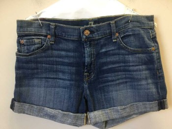 Womens, Shorts, FOR ALL MAN KIND, Dk Blue, Cotton, Spandex, Heathered, 28, Heather Dark Blue Denim, Creased Lines & Washed Out Front,  Cuff Hem, Zip Front,