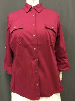 Laura Scott, Red Burgundy, Cotton, Polyester, Solid, Button Front, Collar Attached,  3/4 Sleeve, 2 Flap Pockets, Gold Buttons
