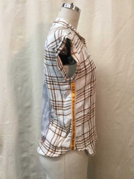 Womens, Top, THE NU VINTAGE, White, Brown, Yellow, Cotton, Plaid, Graphic, S, White, Heather Brown Plaid, Yellow Side Stripe, Button Front, Collar Attached, 1 Pocket, Sleeveless & Cuffed, Graphic Back Side