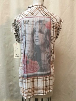 Womens, Top, THE NU VINTAGE, White, Brown, Yellow, Cotton, Plaid, Graphic, S, White, Heather Brown Plaid, Yellow Side Stripe, Button Front, Collar Attached, 1 Pocket, Sleeveless & Cuffed, Graphic Back Side