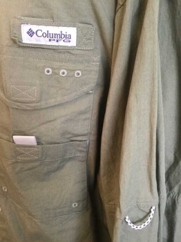 COLUMBIA, Olive Green, Cotton, Polyester, Solid, Camping/Rugged Wear, Long Sleeve Button Front, Collar Attached, 4 Pockets In Front, with  Velcro Closures, White with Navy Dots Cord Loops At Mid Sleeves and Under One Pocket, Columbia Reflective Logo At Front, White Mesh Underlayer
