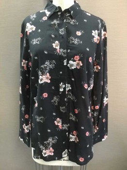 DIVIDED, Black, White, Pink, Gray, Viscose, Floral, Black Background with Pink/White/Gray Floral Print, Button Front, Long Sleeves, Collar Attached,