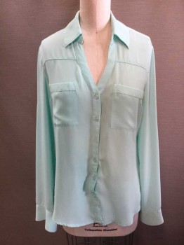 Womens, Blouse, EXPRESS, Mint Green, Polyester, Solid, XS, Button Front, Long Sleeves with Tab Button, Collar Attached, 2 Pockets, Yoke