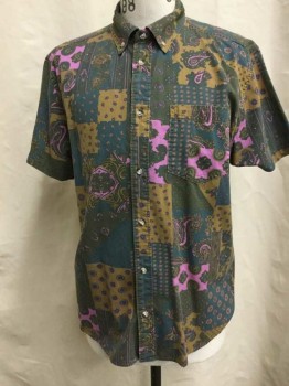 URBAN OUTFITTERS, Brown, Dk Green, Dk Gray, Purple, Cotton, Paisley/Swirls, Novelty Pattern, Brown/ Dk Green/ Dk Gray/ Purple Novelty Paisley Print, Button Front, Collar Attached, Short Sleeves, 1 Pocket,