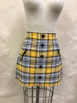 Womens, Suit, Skirt, VERONICA BEARD, White, Black, Yellow, Synthetic, Plaid, 2, High Waisted Mini, Button Front, 2 Diagonal Zip Pocket,
