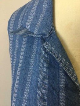 BELLA DAHL, French Blue, White, Viscose, Stripes - Vertical , French Blue with Dashed Vertical Stripes of Varying Widths, Long Sleeves, Button Front, Collar Attached, Self Ties at Waist